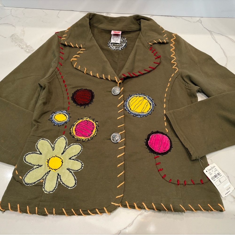 Kids Olive Green Embroidered Flower Jacket
